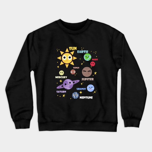 womens solar system shirt, planets, sun and planets, star and planet, outer space, all planets, solar system, planetary system, heliocentric Crewneck Sweatshirt by theglaze